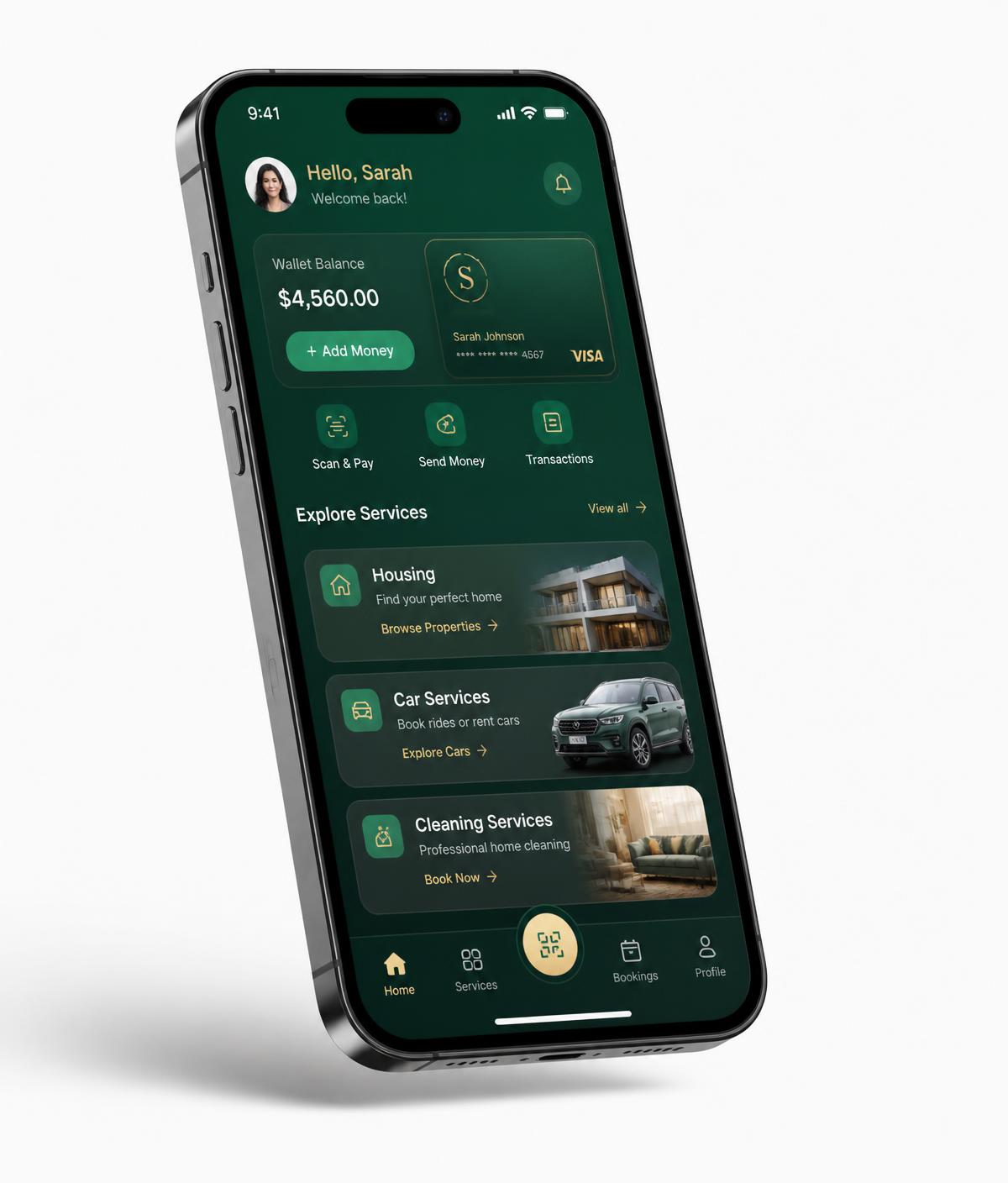 The Movana app showing housing, car and cleaning services
